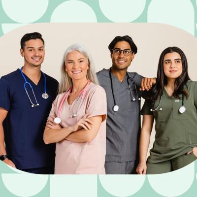 Four healthcare professionals in their scrubs.