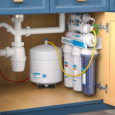 A reverse osmosis water purification system set under a kitchen sink.