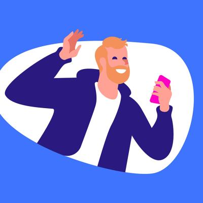 Character illustration of a man happily using a phone for rideshare services.