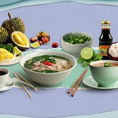 A graphic showing some of the most popular Vietnamese dishes, fruits and drinks such as Vietnamese coffee, pho, durian, mangosteen and lime.