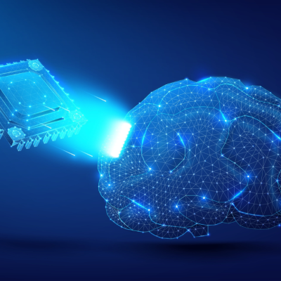 A digital illustration of a brain connected to a computer chip.