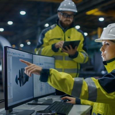 A woman construction worker wearing a heavy-duty bright green jacket and helmet sitting in front of the computer screen showing a 3D model pointing to the screen in front of a male construction worker.