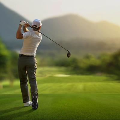 A golfer on a green golf course.