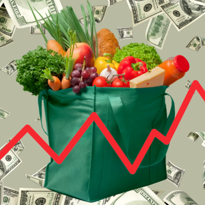 An illustration of a bag of groceries against a background of cash with a red line chart in the foreground.