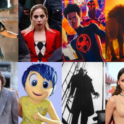 8 frames with images representing Gladiator, Joker 2, Spiderman: Across the Spider-verse, The Lion King, Inside Out, Nosferatu, and Dune.