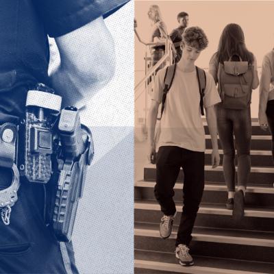Diptych showing cropped police officer and students walking in school corridor.