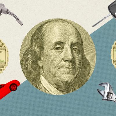 Money, car key, wrench, and car illustration.