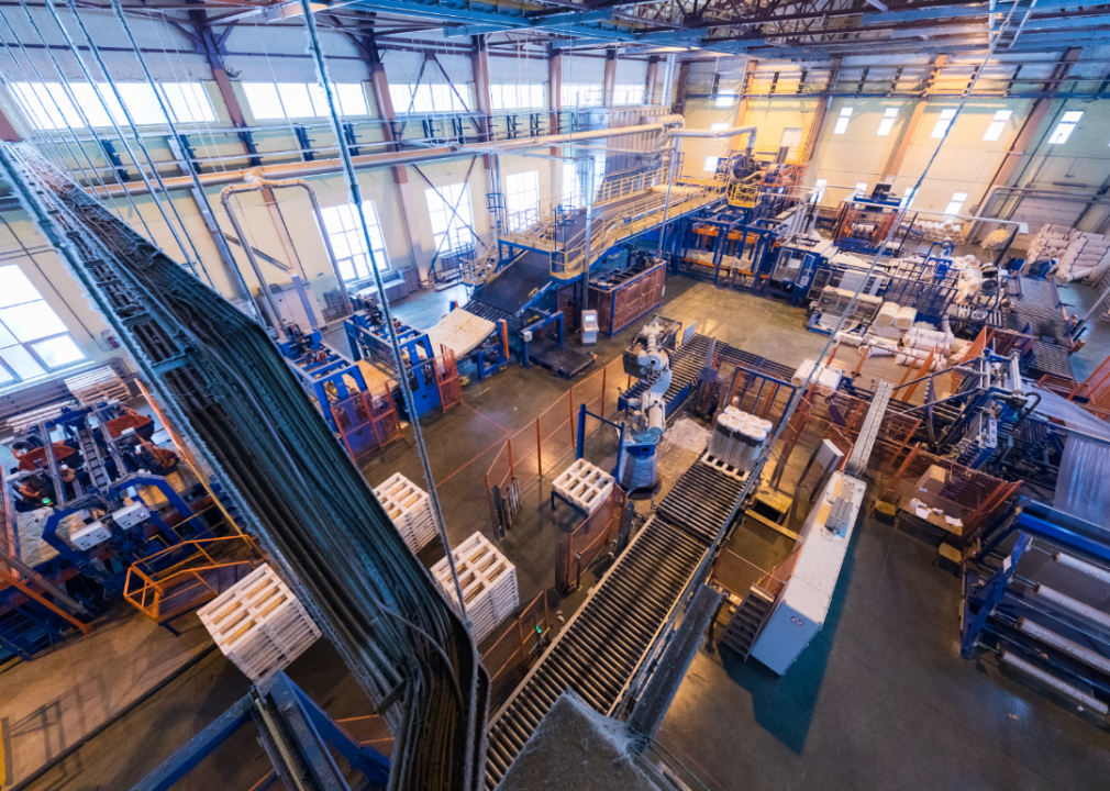 A high-up view of a factory.
