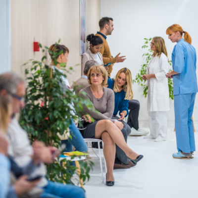 A medical waiting room filled with patients.