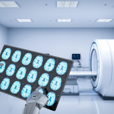 A robot holding a brain scan.