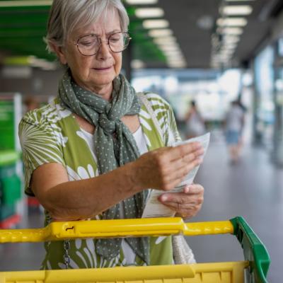 A senior woman outside the supermarket checks her grocery receipt looking worried.