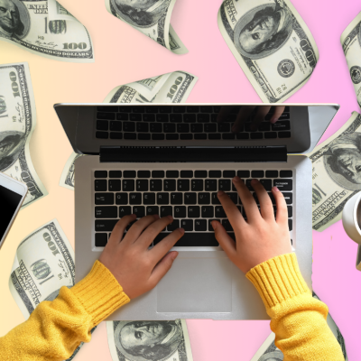 Illustration of hands on a laptop with hundred dollar bills floating in the background.
