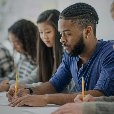 A group of students taking a test. An African American male student in the front center of the image with other female students in the background.