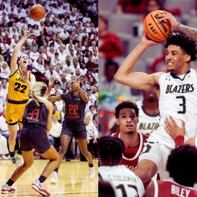 A split screen showing Caitlin Clark playing for Iowa and Yaxel Lendeborg playing for the UAB BLazers.