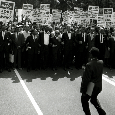 Civil Rights leaders holding hands as they march along the National Mall during the March on Washington for Jobs and Freedom, Washington DC, August 28, 1963