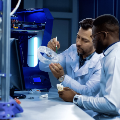 Two scientists use  3D printer