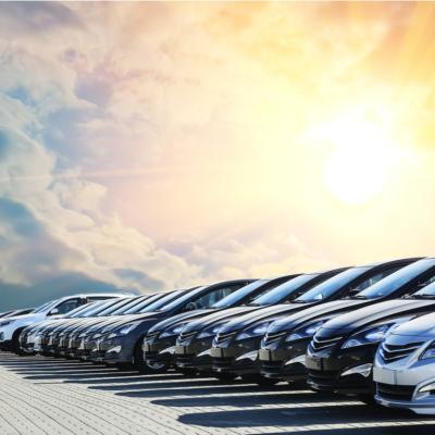 Row of cars at dealership with beautiful sky in background.
