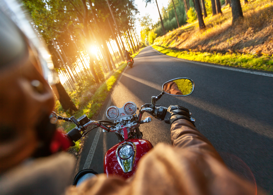 Two motorcycles ride on a tree-lined road.