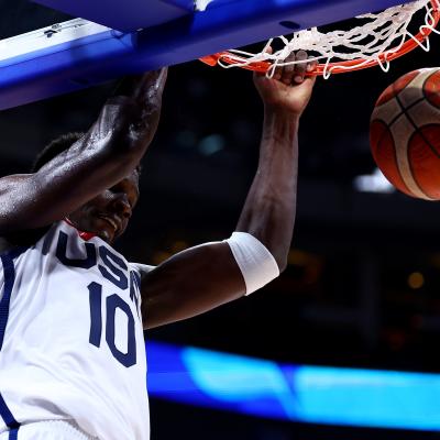 Anthony Edwards #10 of the United States dunks the ball.