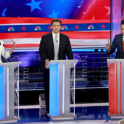 Nikki Haley, Vivek Ramaswamy, and Ron DeSantis during the NBC News Republican Presidential Primary Debate.