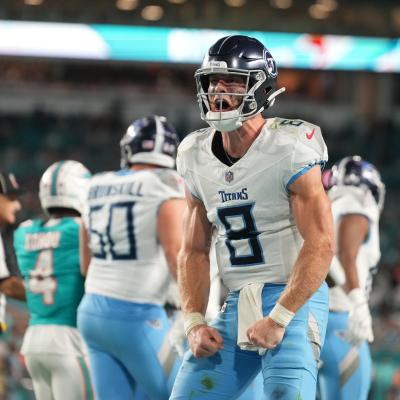 Tennessee Titans quarterback Will Levis celebrates after a touchdown.