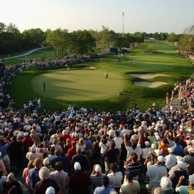 A general view of the final putt on the 18th green at the Olympia Fields Country Club