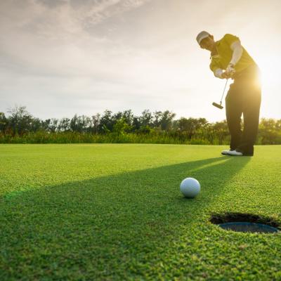 Golfer putting golf ball on the green.
