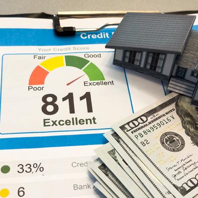 Figure of a house made of paper with credit report letters and cash around it.