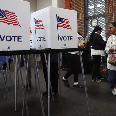 Residents vote in early voting at a park building in Detroit, MI in October of 2024.