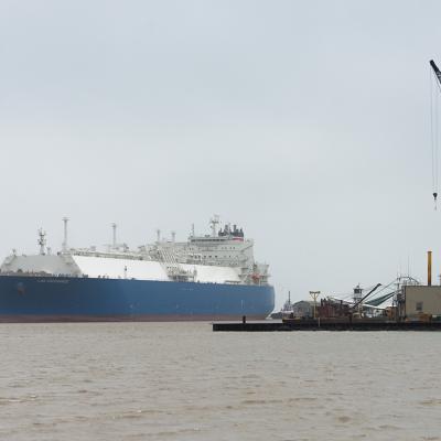 An LNG tanker makes its way into Cameron Pass, Louisiana.