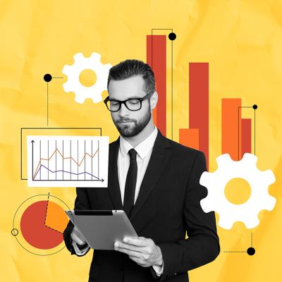 Collage of a finance businessman using a tablet illustrated with finance and analytics graphics.