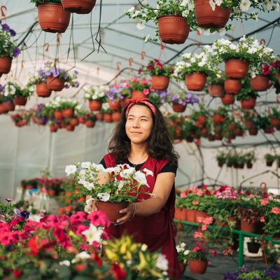 A small business owner in her flowers and plants site.