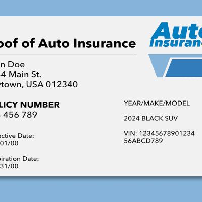 A mock illustration of an automobile insurance card.