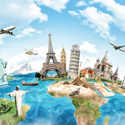 Illustration of the globe with the top tourist spots as a concept of traveling around the world.