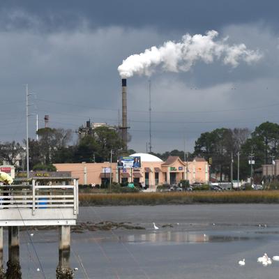 View of a smokestack coming from the Pinova plastic resin manufacturing facility in Brunswick, Georgia.