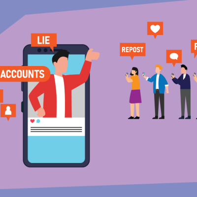 Illustration depicting user interactions to fake accounts on the internet.