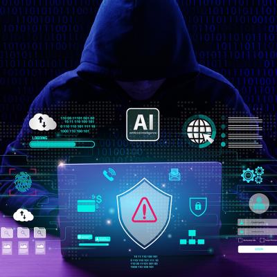 Anonymous person in a hoodie using a laptop illustrated with cyber security and AI technology warning graphics.