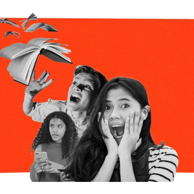 Collage of curious and surprised children and books in black and white over a red background.