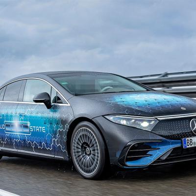 An EV designed with solid-state decal on a road.