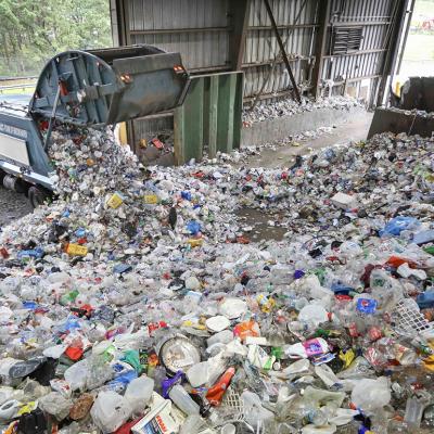A truck dumps recyclable items at the Brookhaven Material Recycling Facility in Yaphank, New York.