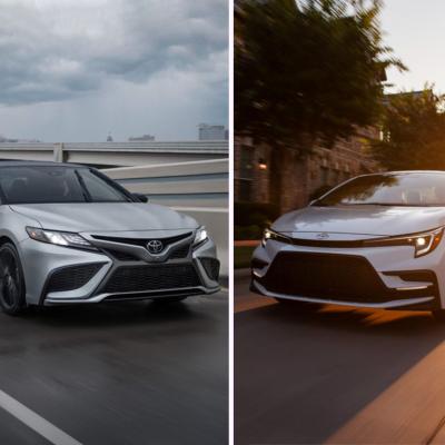 Composite photo front end view of 2024 Camry on the left and Corolla on the right.