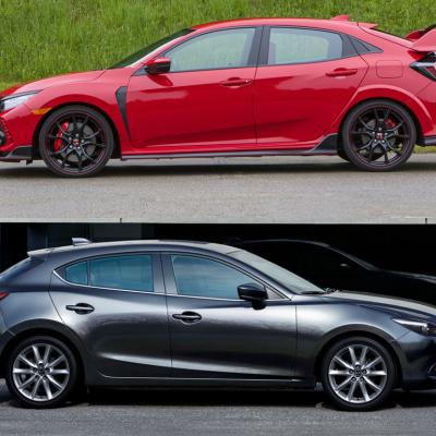 Composite photo of red civic above and black mazda 3 below, both from 2017.