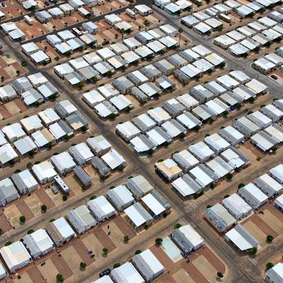 Aerial view of mobile home park in the Arizona desert.