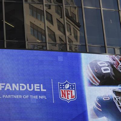 A FanDuel, the official partner of the NFL, gambling advertisement on the exterior of Madison Square Garden on September 03, 2025 in New York City.