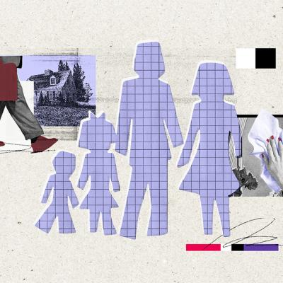 A collage of cutouts and graphics of a traditional four-member family.