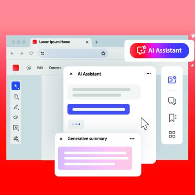 Illustration of a .pdf reader app with AI assistant features.