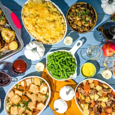 Traditional Thanksgiving food laid on a table.