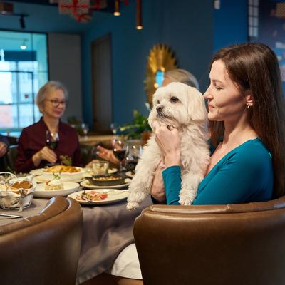 A woman holding her dog during family celebration of New Year's Eve.