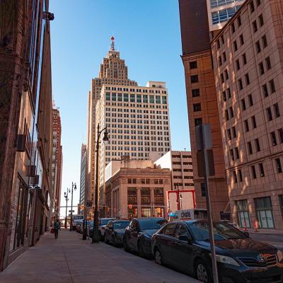 Street view of downtown Detroit, Michigan.