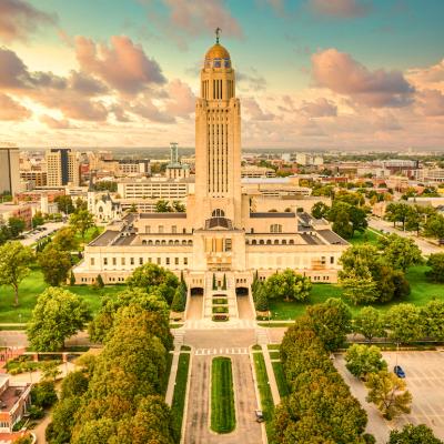 The skyline of Lincoln, Nebraska, featuring the Nebraska State Capitol.